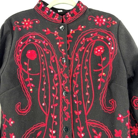 Metrostyle Wool Embroidered Sequence Long Coat Women's M Black Red Hippie Boho - Picture 3 of 11